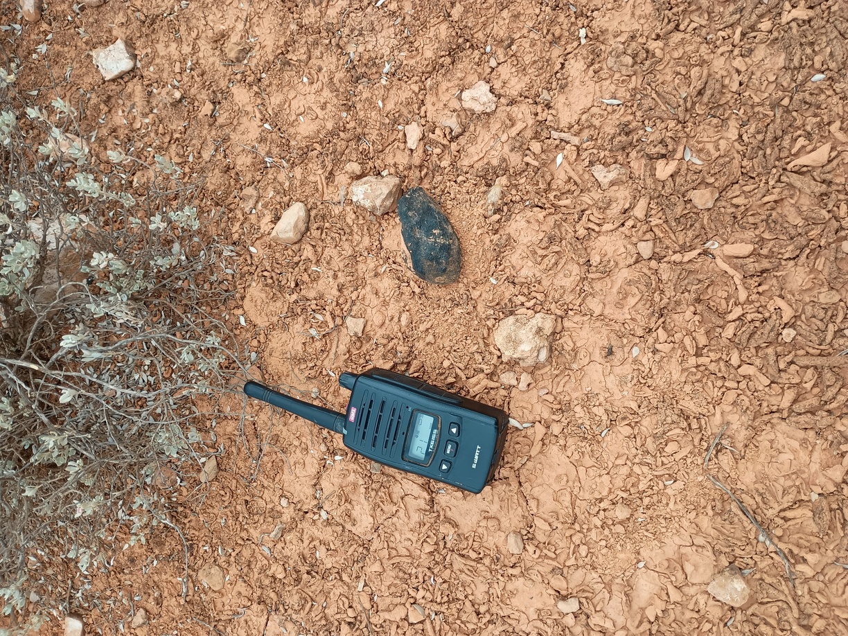 A meteorite found just outside of our search area. Not a recent fall, but exciting to find.