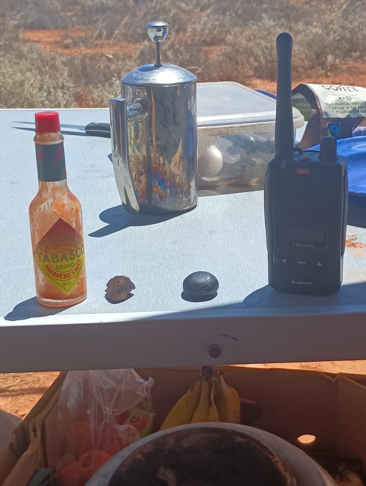 The smaller meteorite and tektite on our camping table with hot sauce for scale.